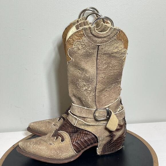 Pecos‎ Bill Boots Women 6.5 Distressed Western Python Inlay Harness Exotic Rodeo - Picture 8 of 16